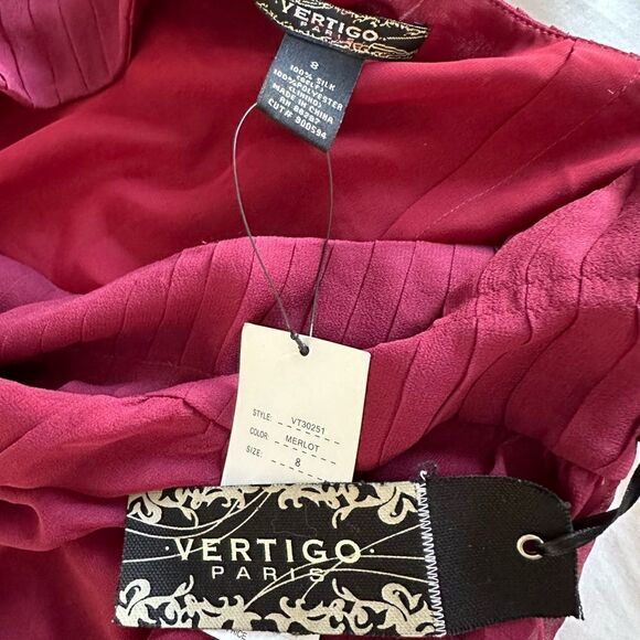 New Vertigo Paris Pleated Casual Lined Chiffon Silk Merlot Skirt sz 8 - Picture 3 of 5